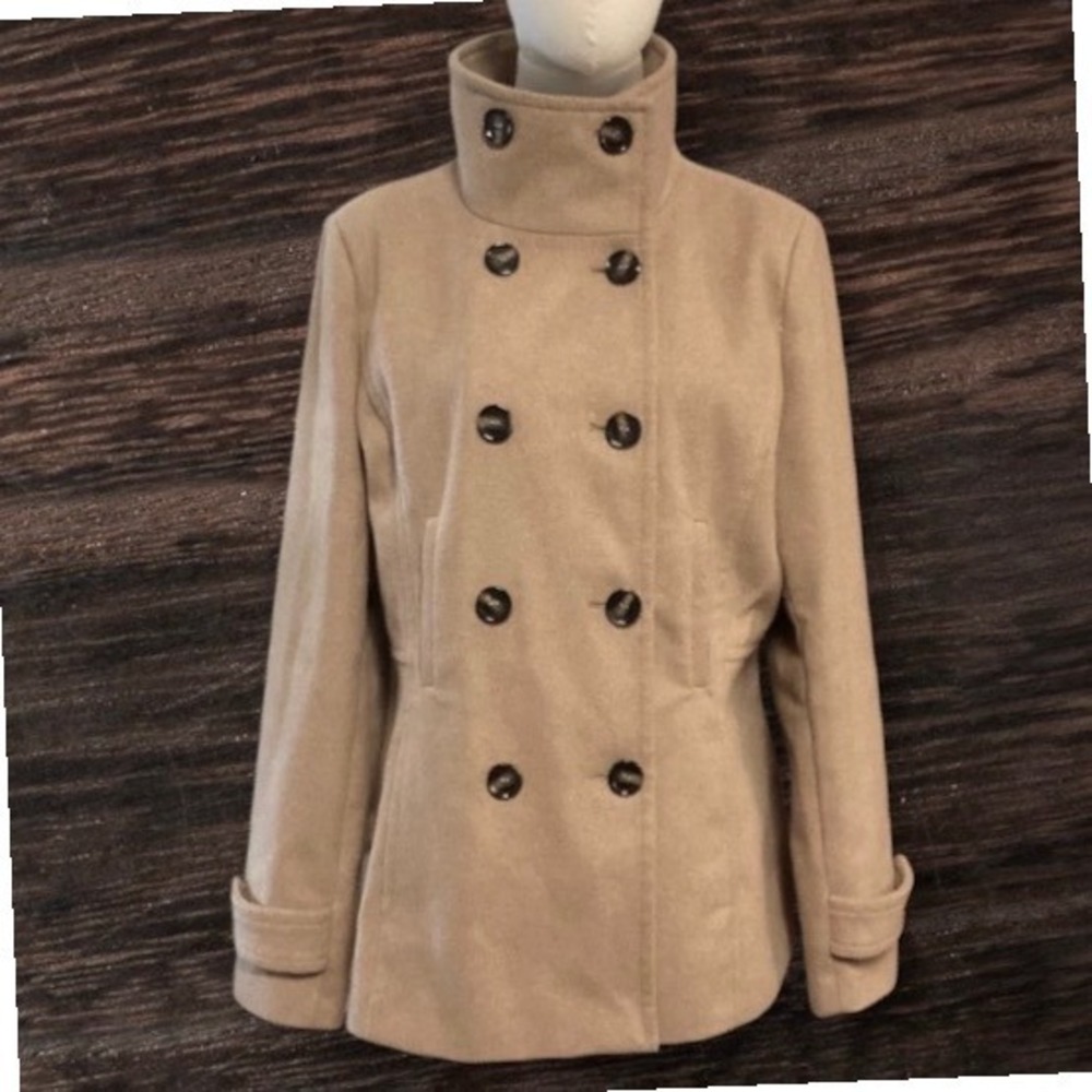 Thread & Supply Women's Camel Wool Blend Double Breasted Funnel Neck Pea Coat L
